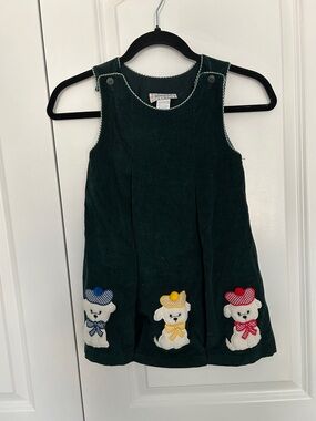 Vintage Samara Dark Green Corduroy Pinafore Dress with Bear Appliqués